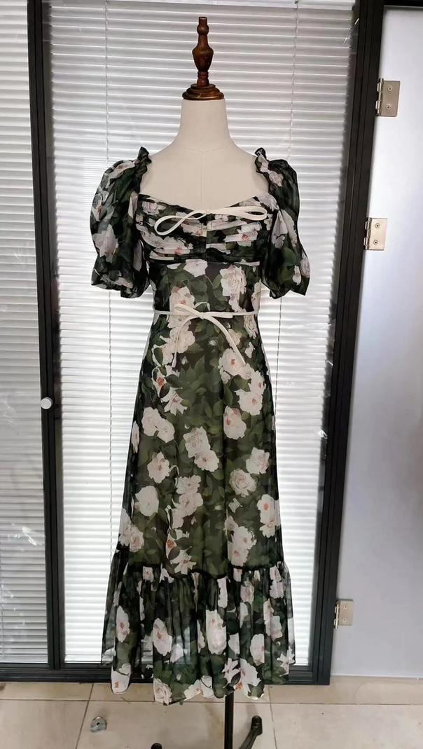 AIIZIE PUFF SLEEVE FLORAL PRINTED MIDI DRESS IN GREEN - product image