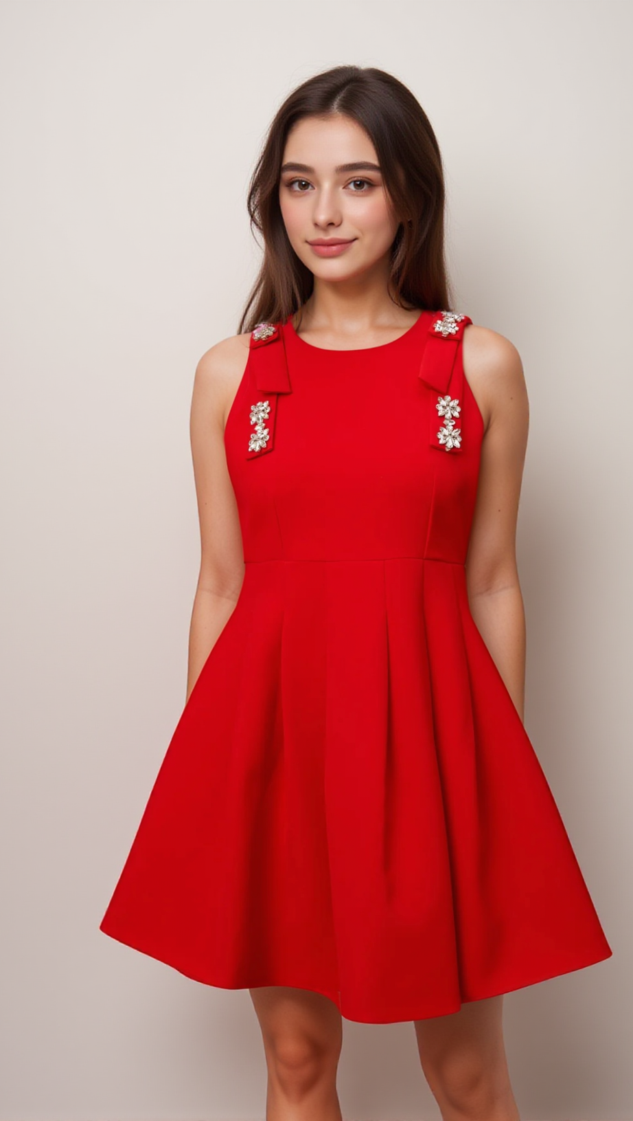 LOUISA RED BOW SLEEVELESS PLEATED MINI DRESS
