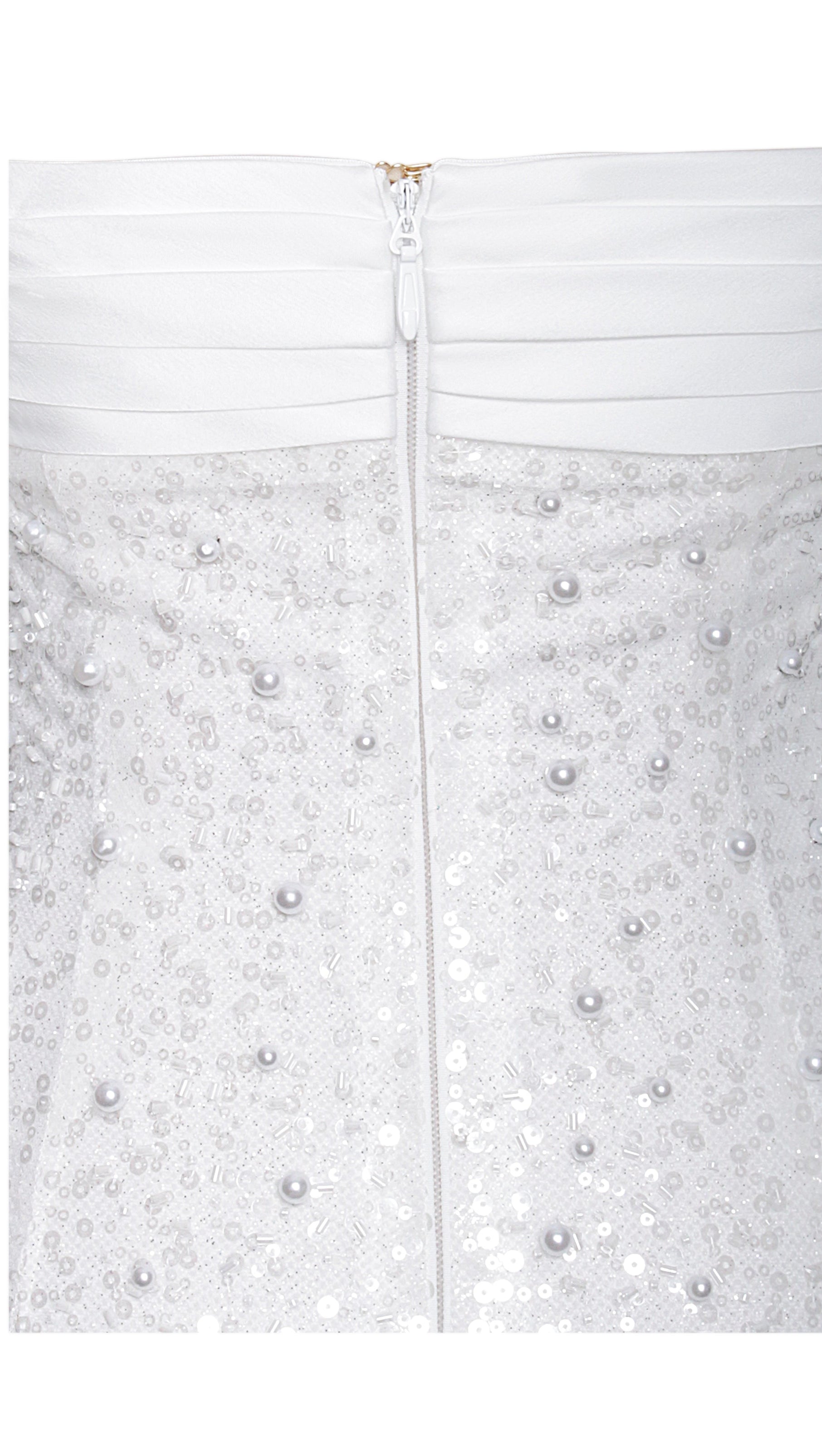 LAINEY WHITE SATIN SEQUIN PEARLS BEADED MAXI DRESS