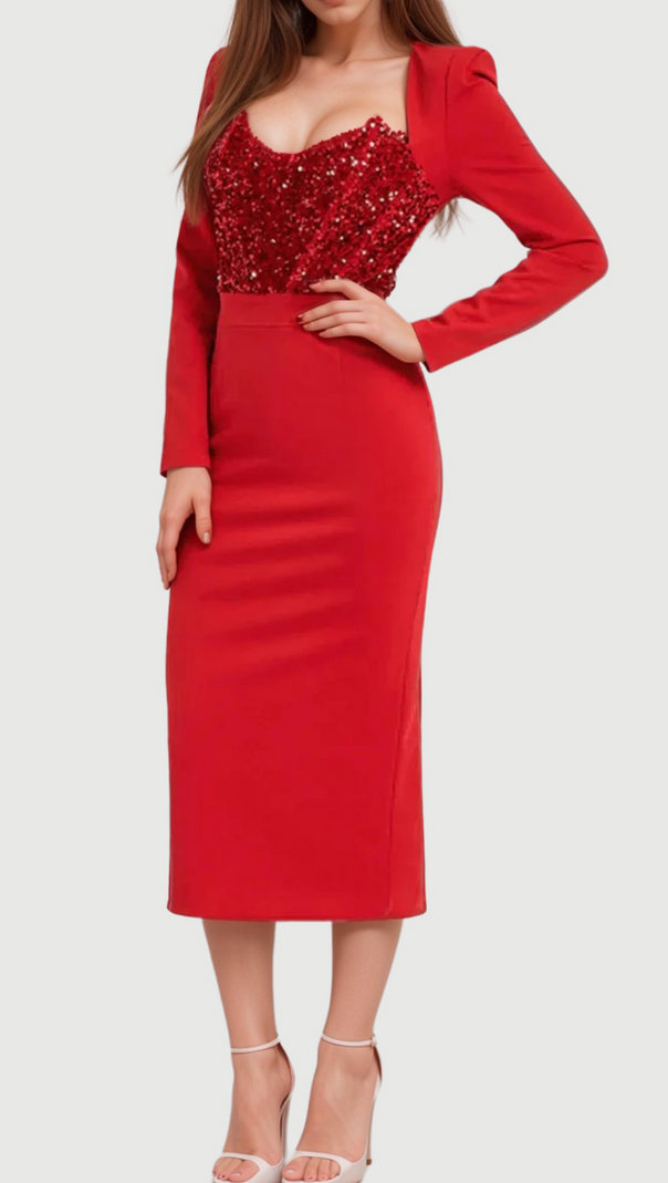 MELISSA LANGÄRMELIGES MIDIKLEID MIT PATCHWORK-PAILLETTEN IN ROT