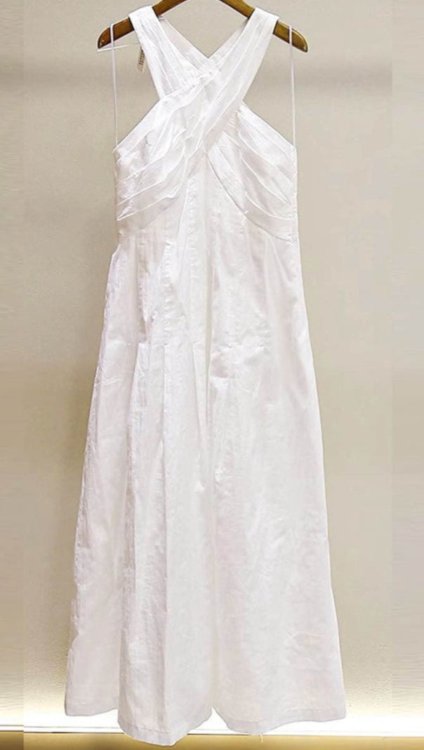 AIIZIE HIGH CROSSOVER V-NECK PLEATED MAXI DRESS IN WHITE - product image