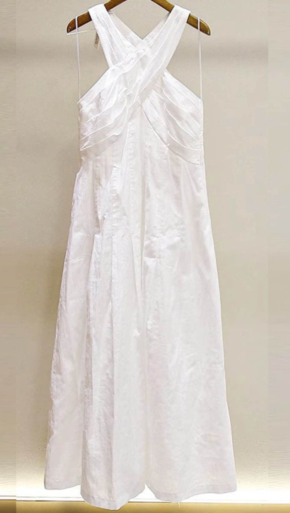 HIGH CROSSOVER V-NECK PLEATED MAXI DRESS IN WHITE