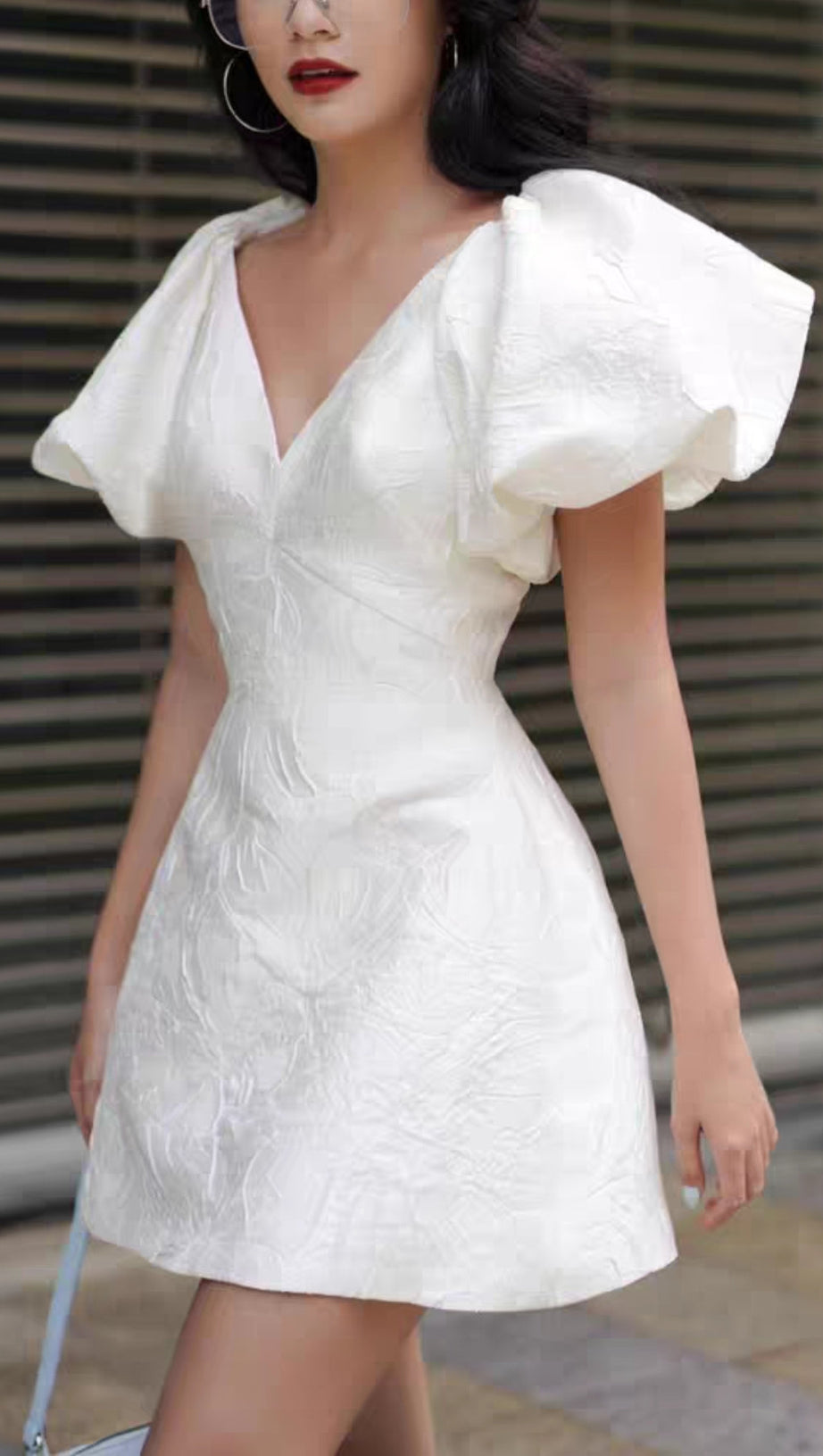 JACQUARD EMBOSSED V-NECK PUFF SLEEVES MINI DRESS