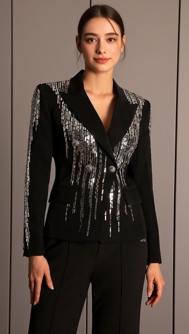AIIZIE FAIDRA RHINESTONE DOUBLE BREASTED LAPEL BLAZER IN BLACK - product image