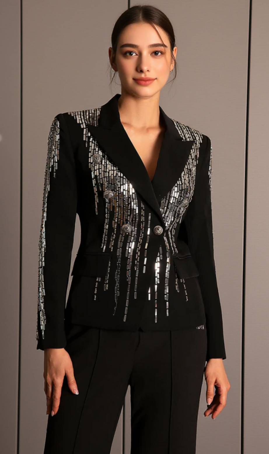 Blazer doppiopetto con revers in strass Faidra in nero