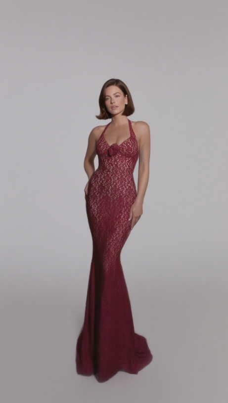EARTHA HALTER FLORAL LACE MAXI DRESS IN BURGUNDY