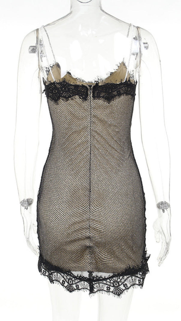 LACE PATCHWORK HOLLOW DIAMOND MINI DRESS