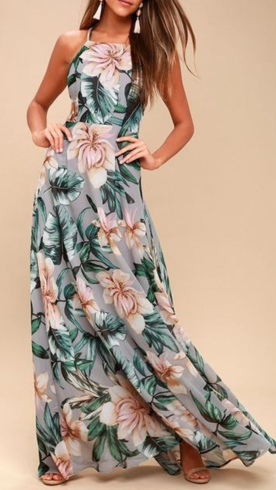 GREY FLORAL PRINT LACE-UP MAXI DRESS