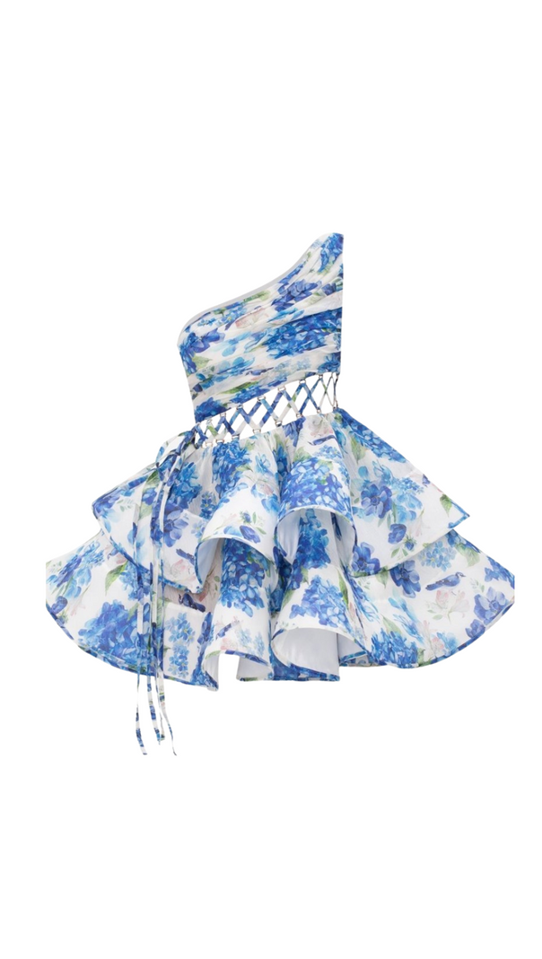 AIIZIE GAIL BLUE FLORAL PRINTED ONE-SHOULDER MINI CHIFFON DRESS - product image