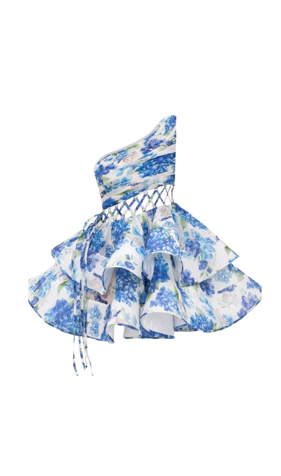 GAIL BLAUES MINI-CHIFFONKLEID MIT BLUMENDRUCK UND EINER SCHULTER