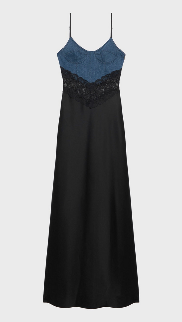 AIIZIE OLATHE DENIM LACE SATIN MAXI DRESS - product image