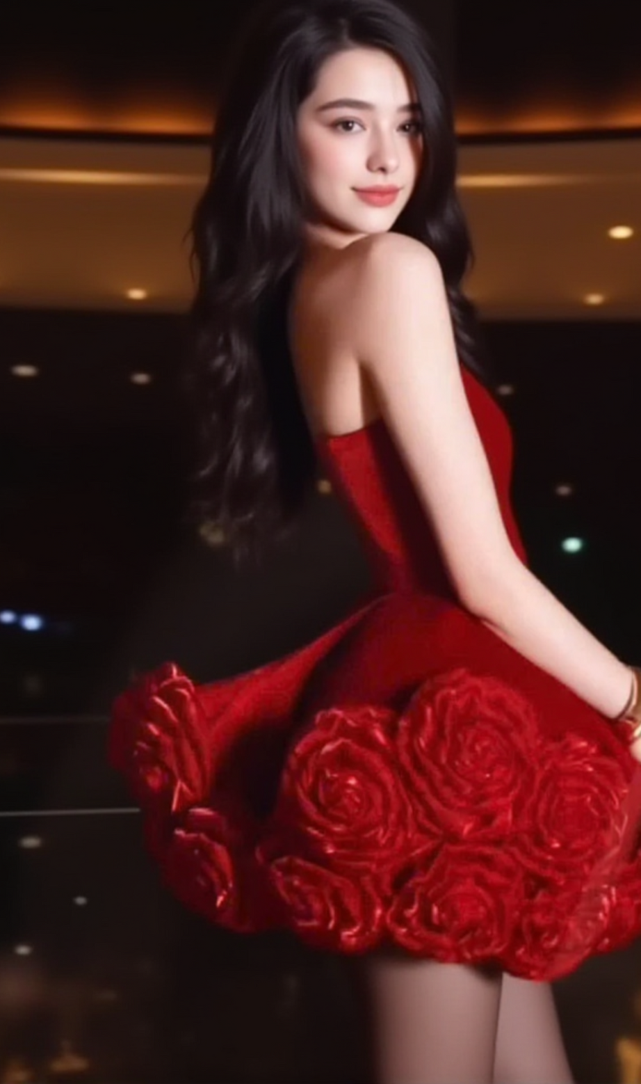 Trägerloses Minikleid aus rotem Samt „Sebast Flower“