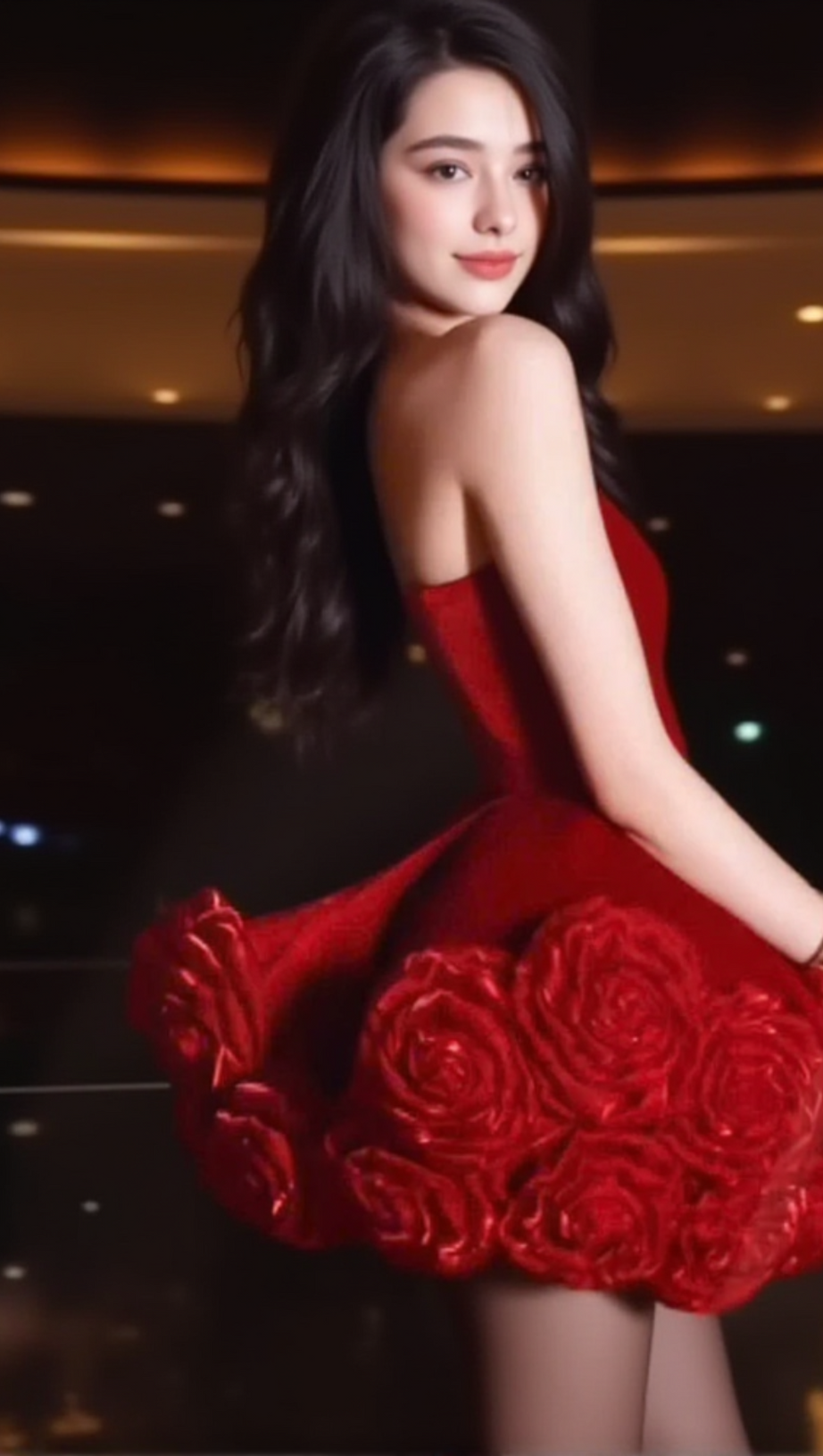 Trägerloses Minikleid aus rotem Samt „Sebast Flower“