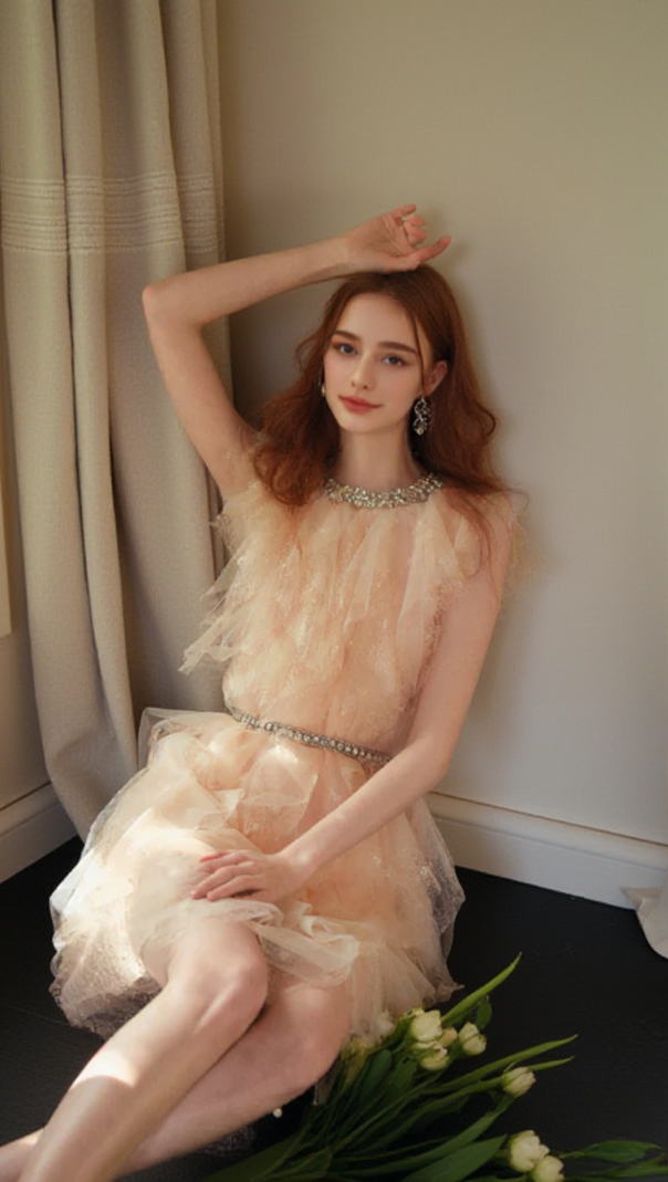 AIIZIE CRYSTAL EMBELLISHED RUFFLE MINI DRESS IN PALE PINK - product image