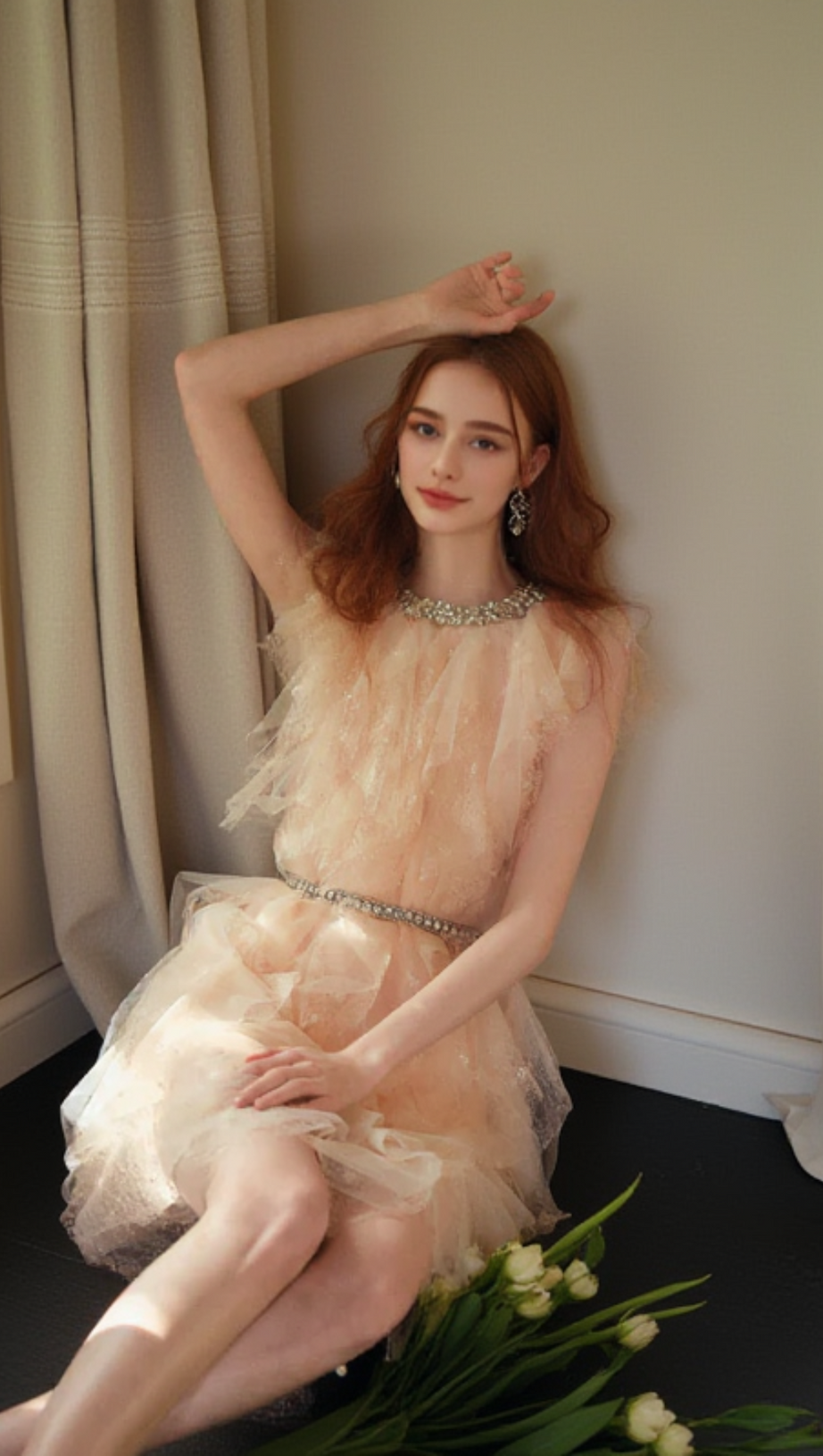 CRYSTAL EMBELLISHED RUFFLE MINI DRESS IN PALE PINK