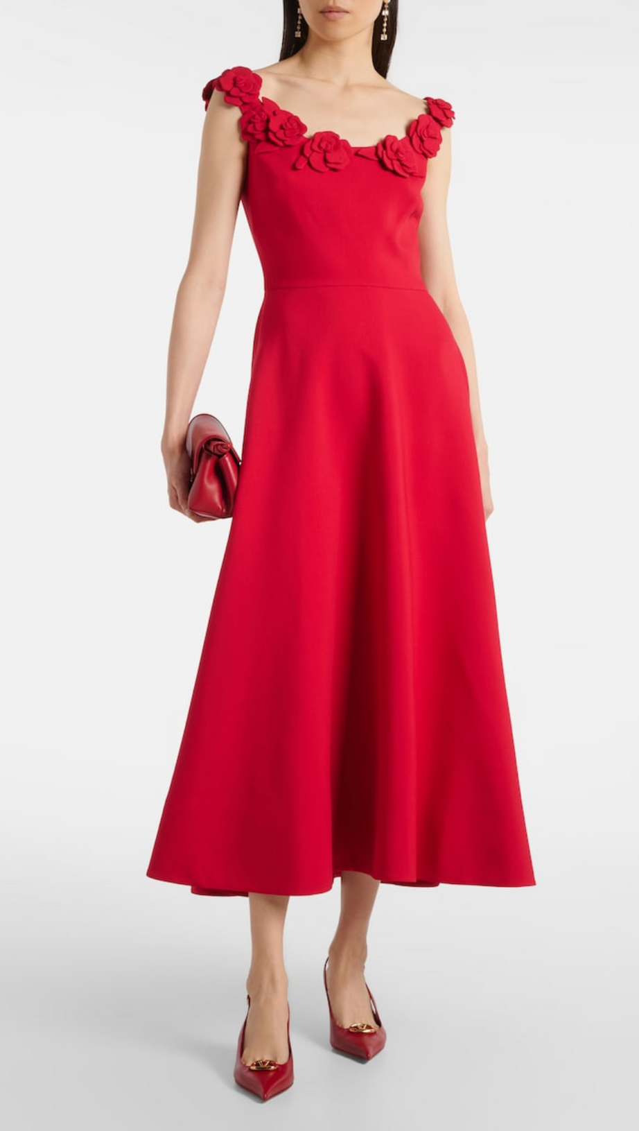 ULA EMBELLISHED FLORAL ROUND NECK MIDI DRESS IN RED