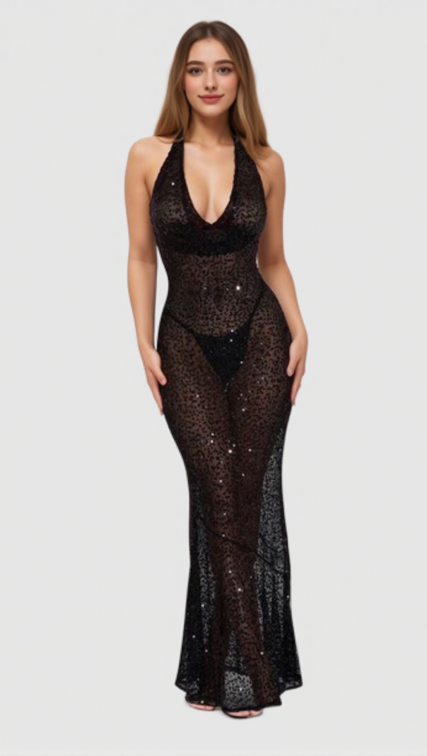 AIIZIE BARBARA HALTER SEQUIN MAXI DRESS IN BLACK - product image