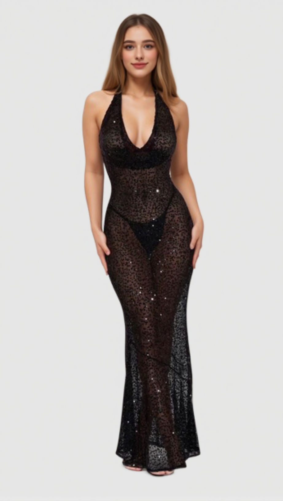 BARBARA HALTER SEQUIN MAXI DRESS IN BLACK