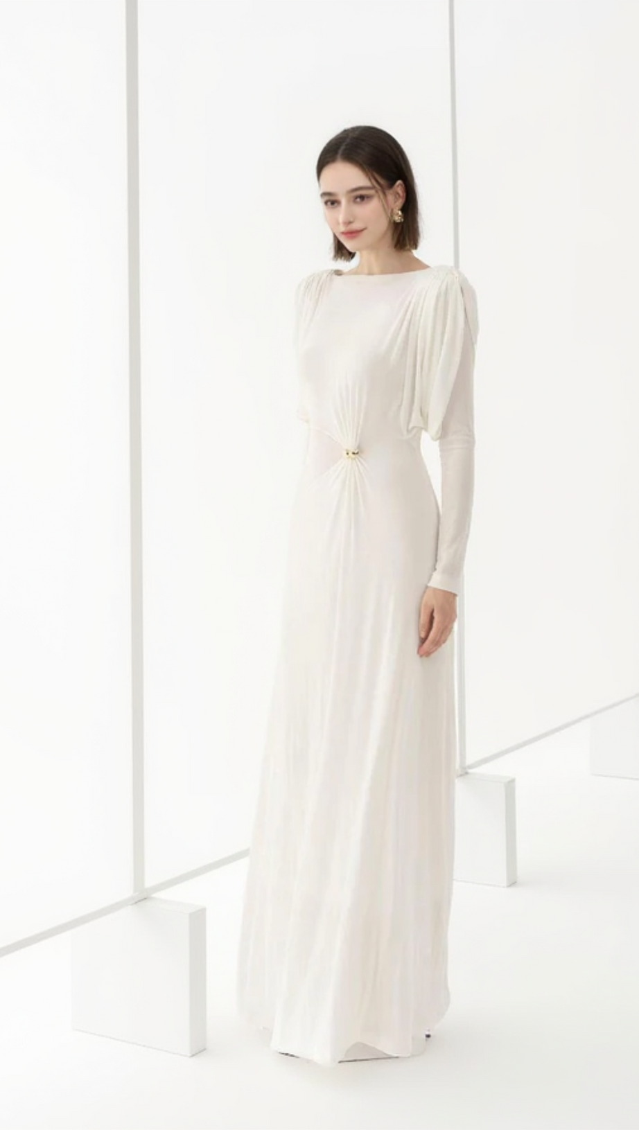 WHITE STRAIGHT BOAT NECK KNITTED FABRIC MAXI DRESS