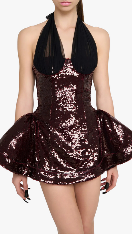 Giselle – Neckholder-Minikleid mit Pailletten in Merlot