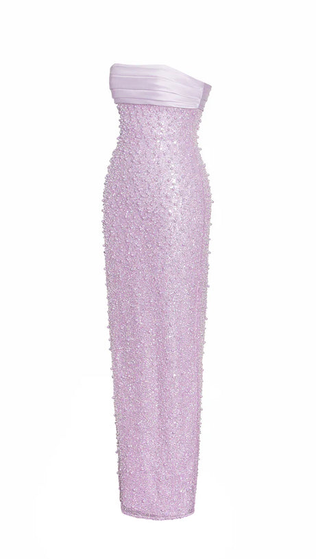 PINK SATIN SEQUIN PEARLS BEADED MAXI DRESS