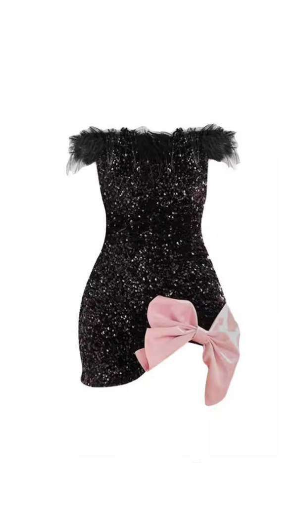 AIIZIE BOW-EMBELLISHED SEQUINED MINI DRESS IN BLACK - product image