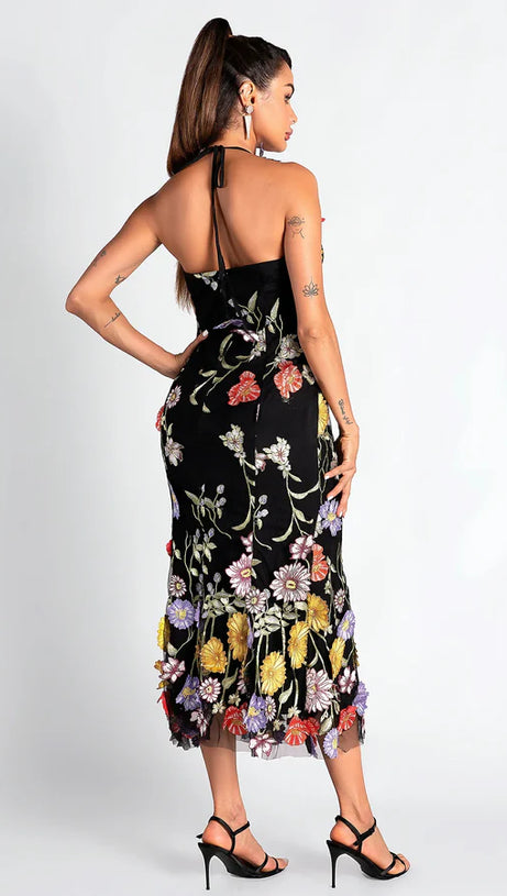 HALTER EMBROIDER FLORAL MIDI DRESS IN BLACK