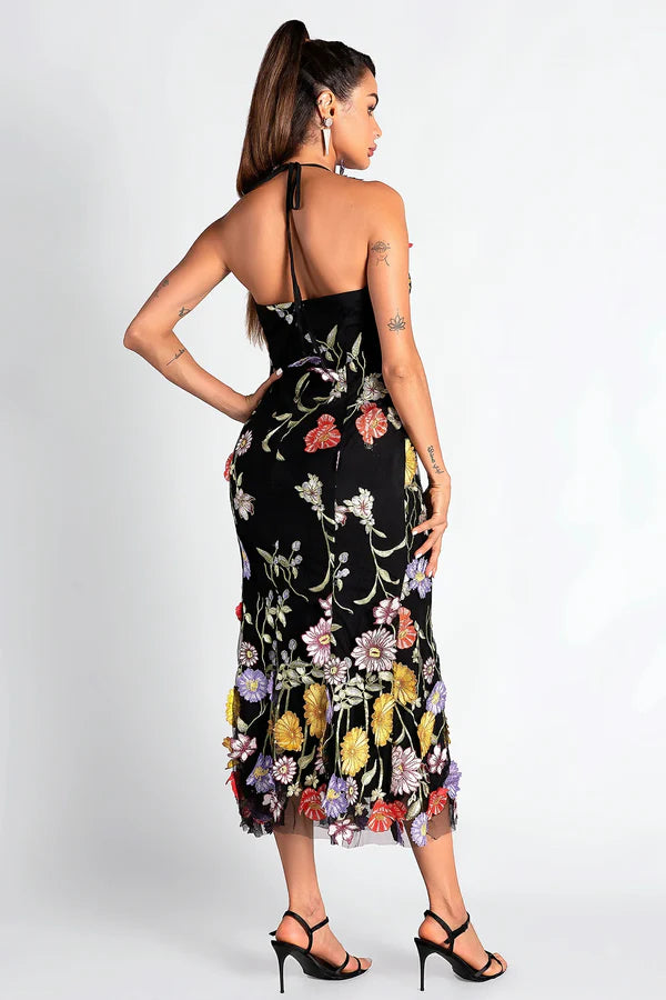 AIIZIE HALTER EMBROIDER FLORAL MIDI DRESS IN BLACK - product image