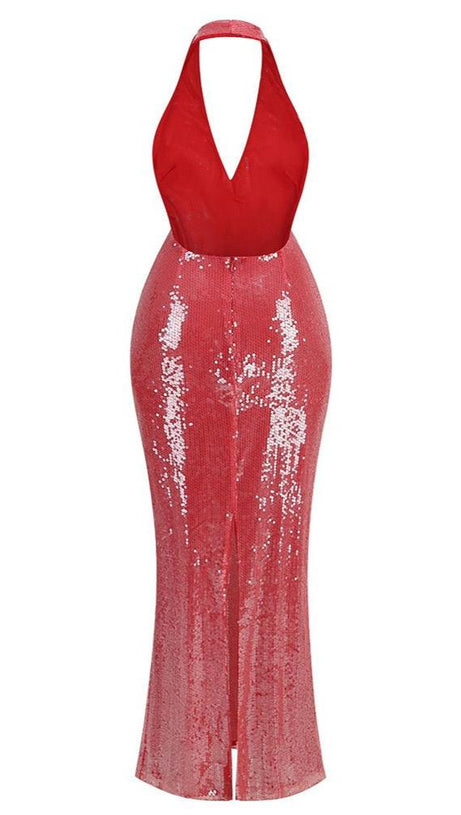 ZORA SHEER SEQUIN DEEP V NECK GOWN IN PINK RED