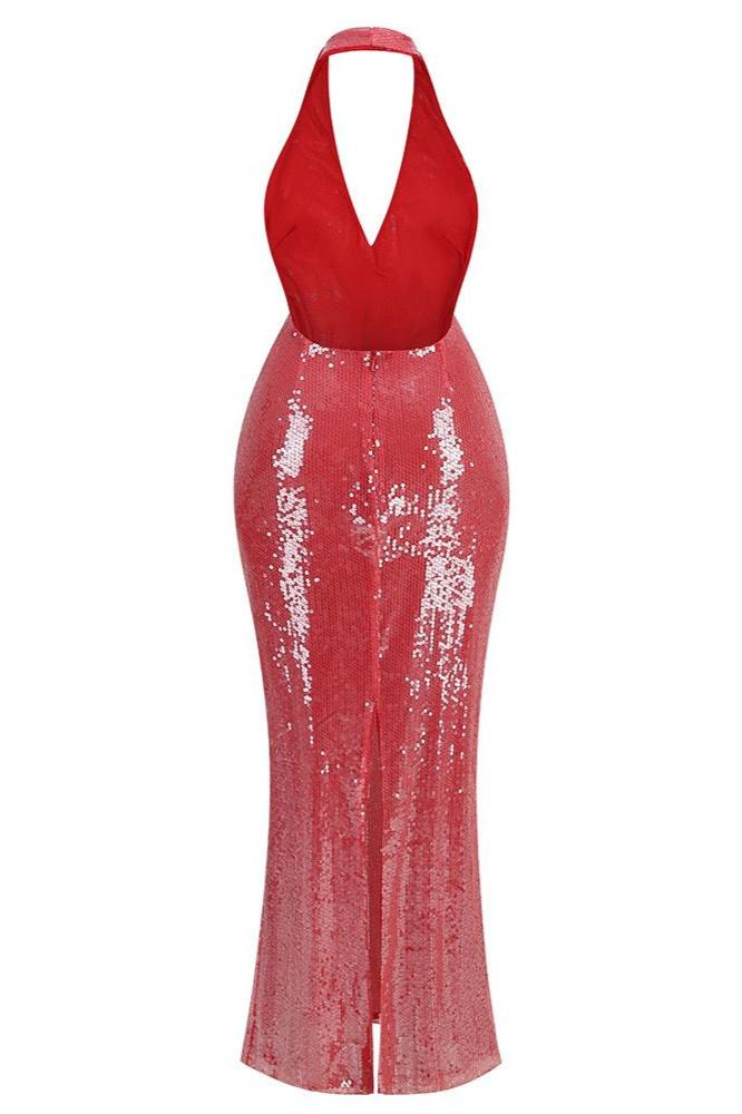 AIIZIE ZORA SHEER SEQUIN DEEP V NECK GOWN IN PINK RED - product image