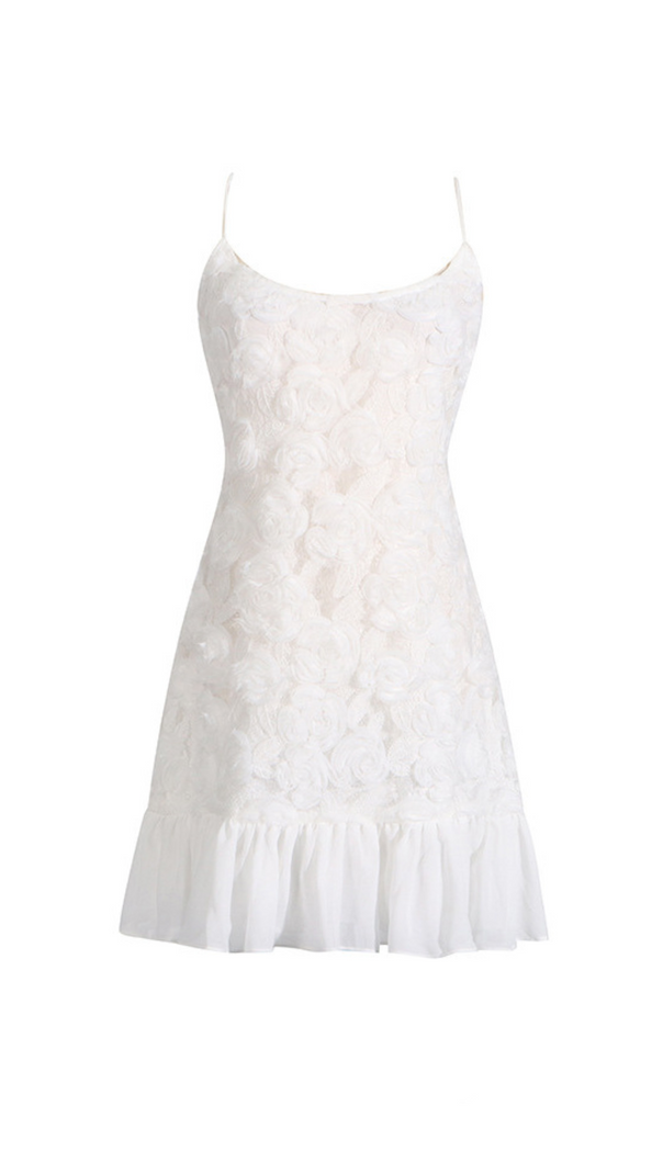AIIZIE FLORAL APPLIQUÉ PLEATED HEM MINI DRESS IN WHITE - product image