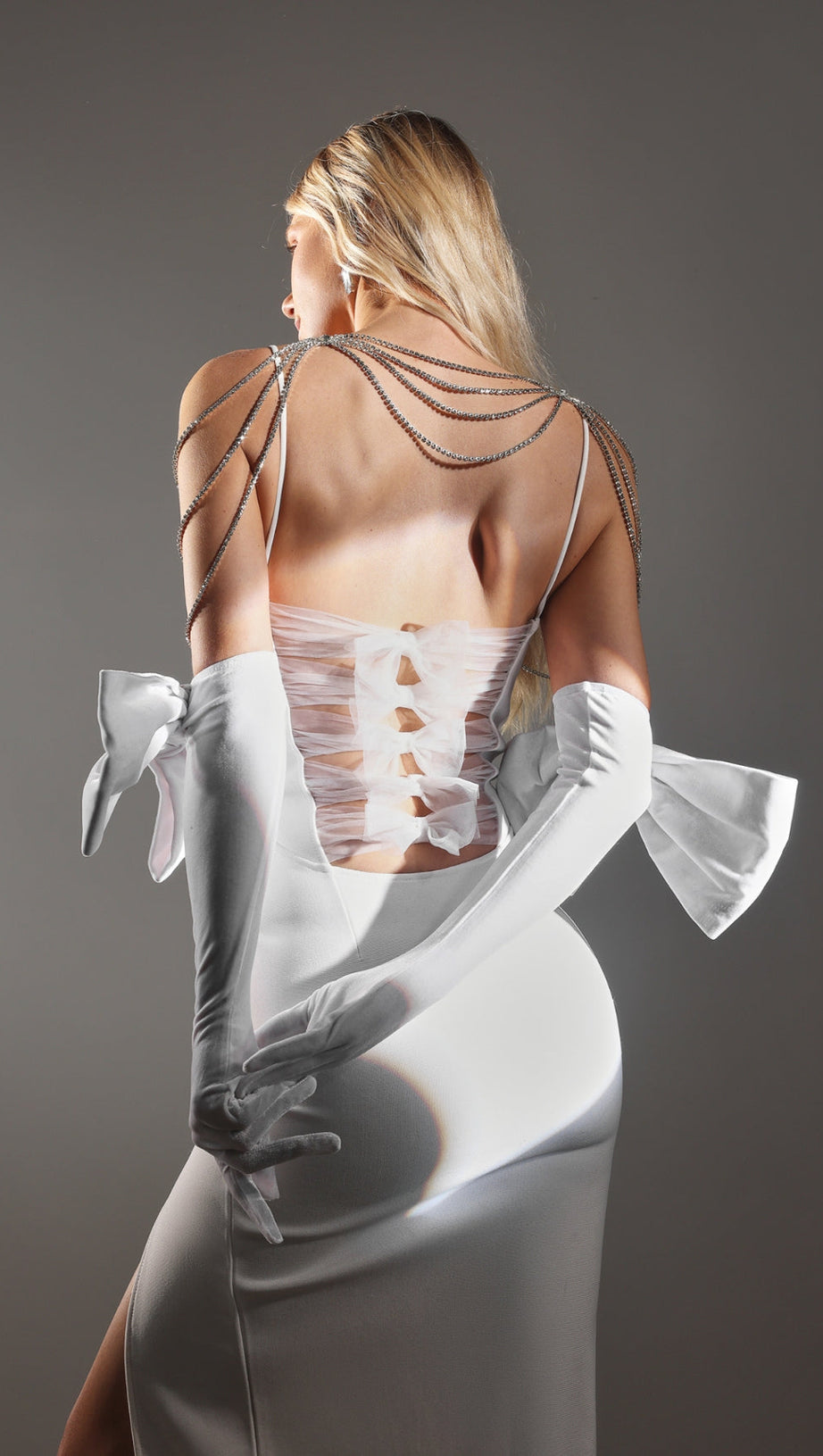 WHITE BACK BANDAGE MAXI DRESS WITH GLOVES