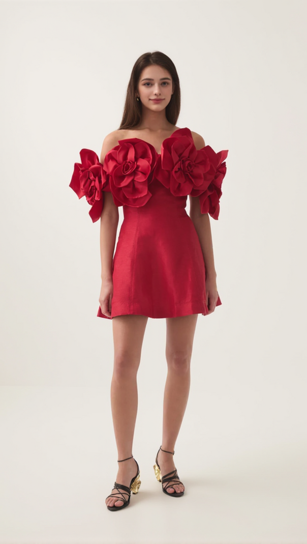 AIIZIE ETTA FLOWER STRAPLESS MINI DRESS IN RED - product image