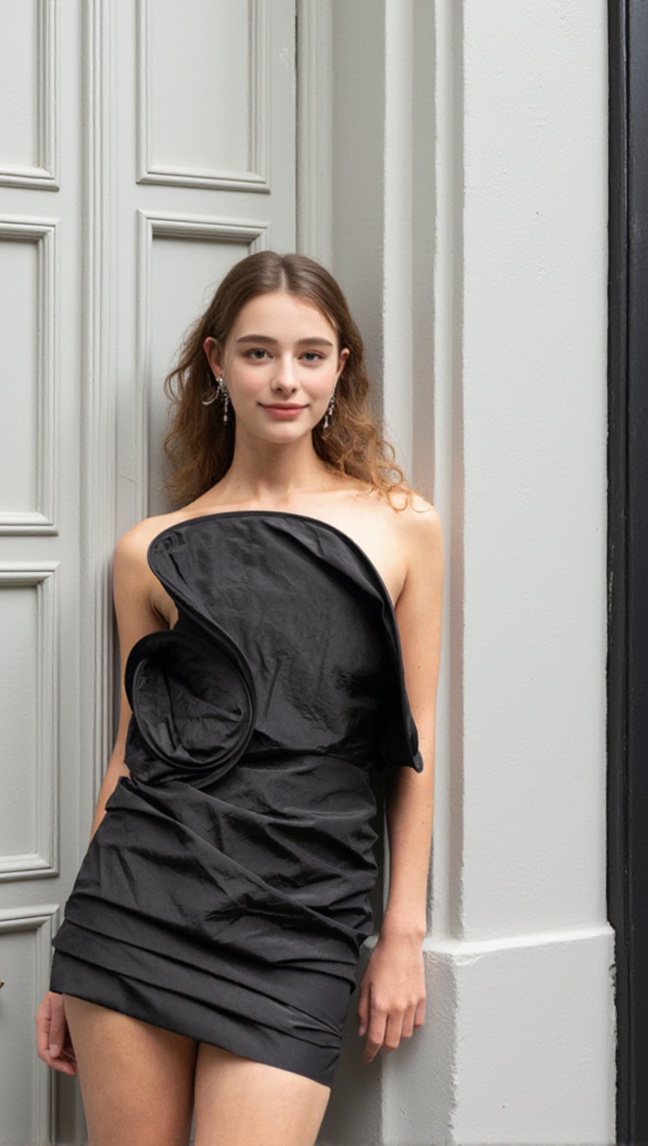 STRAPLESS RUFFLED TAFFETA MINI DRESS IN BLACK