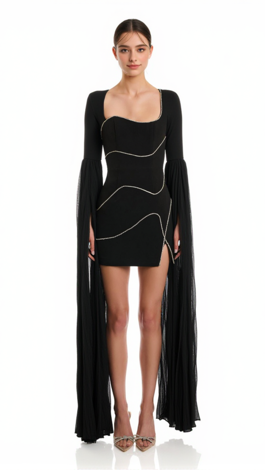 CRYSTAL-STRIPE BODYCON MINI DRESS IN BLACK