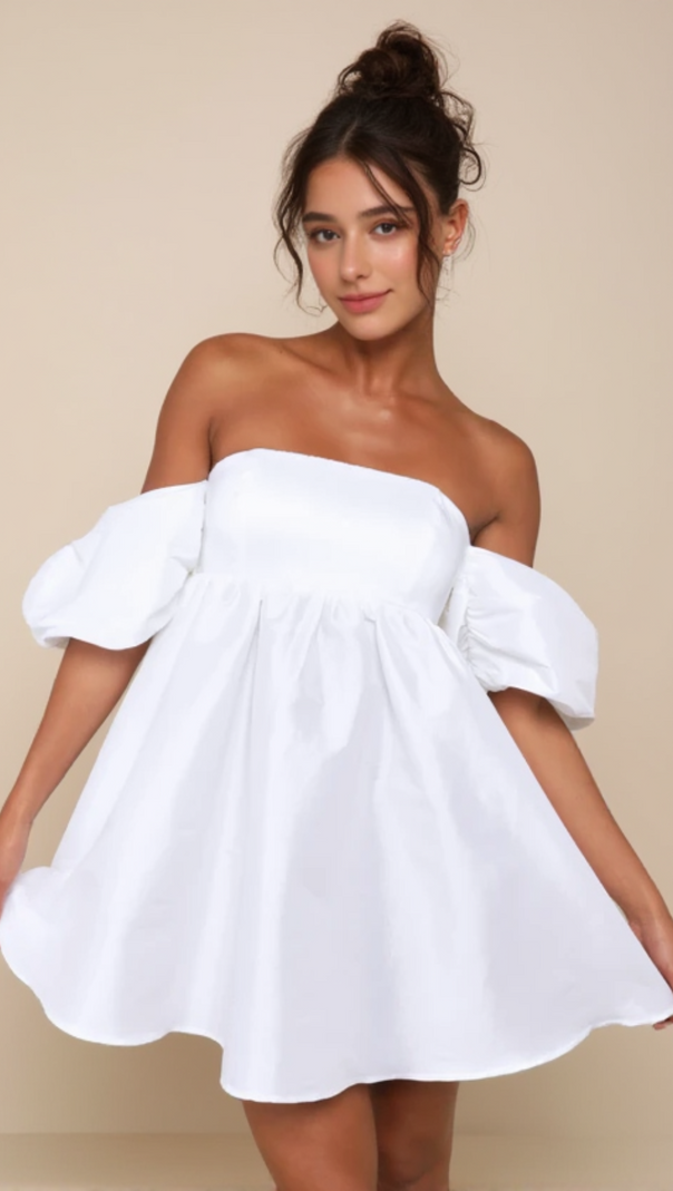 AIIZIE SWEET VISION WHITE TAFFETA OFF-THE-SHOULDER BABYDOLL MINI DRESS - product image