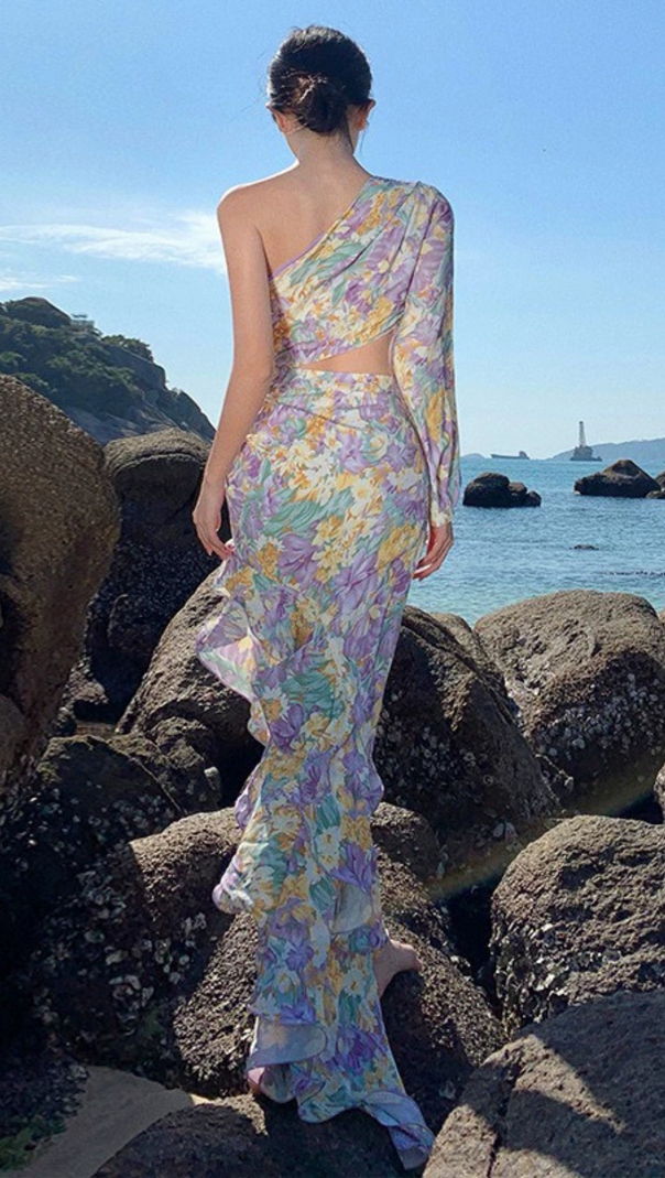 AIIZIE ASYMMETRICAL RUFFLED ONE SLEEVE MIDI DRESS - product image
