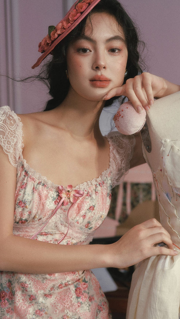 julie floral print lace trim midi dress - pink