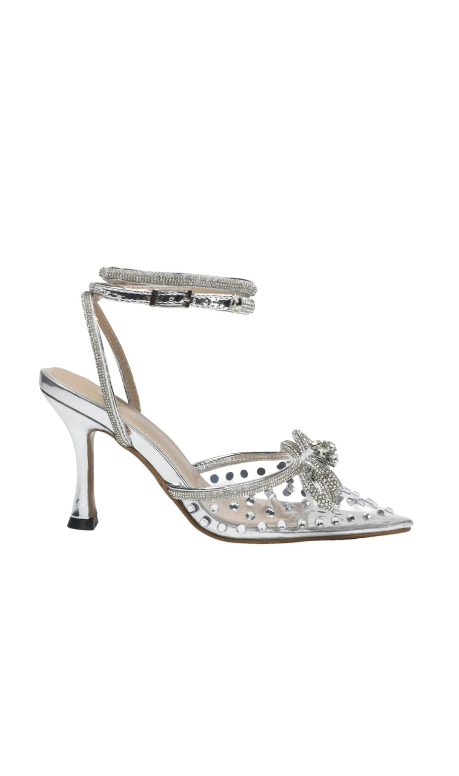 BOW EMBELLISHED HEELS IN SLIVER