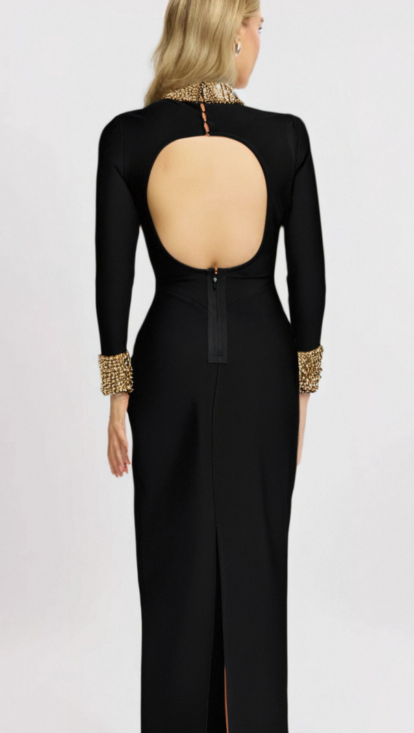 AIIZIE YVONNE LONG SLEEVE GOLD BEAD BANDAGE MIDI DRESS IN BLACK - product image