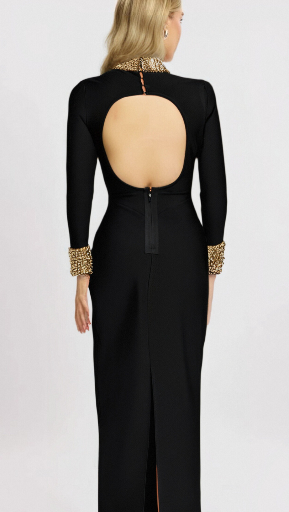 YVONNE LANGÄRMELIGES MIDIKLEID MIT GOLDPERLEN-BANDAGE IN SCHWARZ