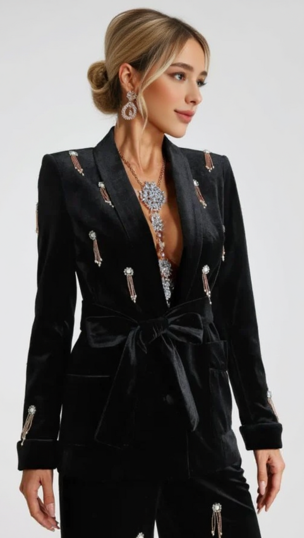 AIIZIE VELVET DIAMOND EMBELLISHED BLAZER 2 PIECE IN BLACK - product image