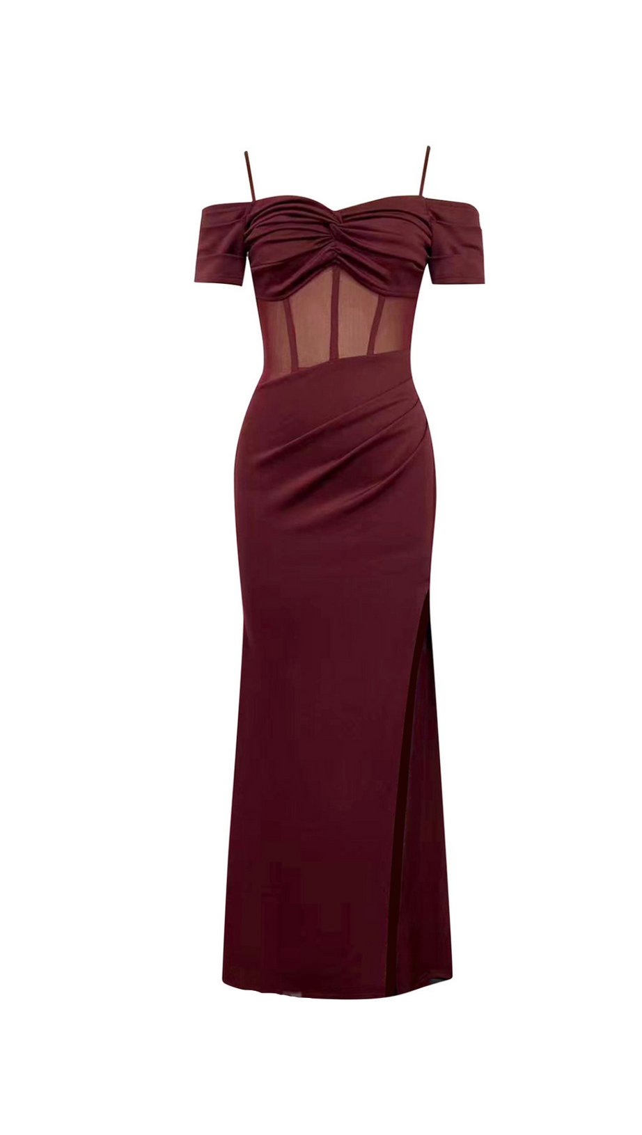 REGINA BURGUNDY HIGH SLIT RUCHED MAXI DRESS