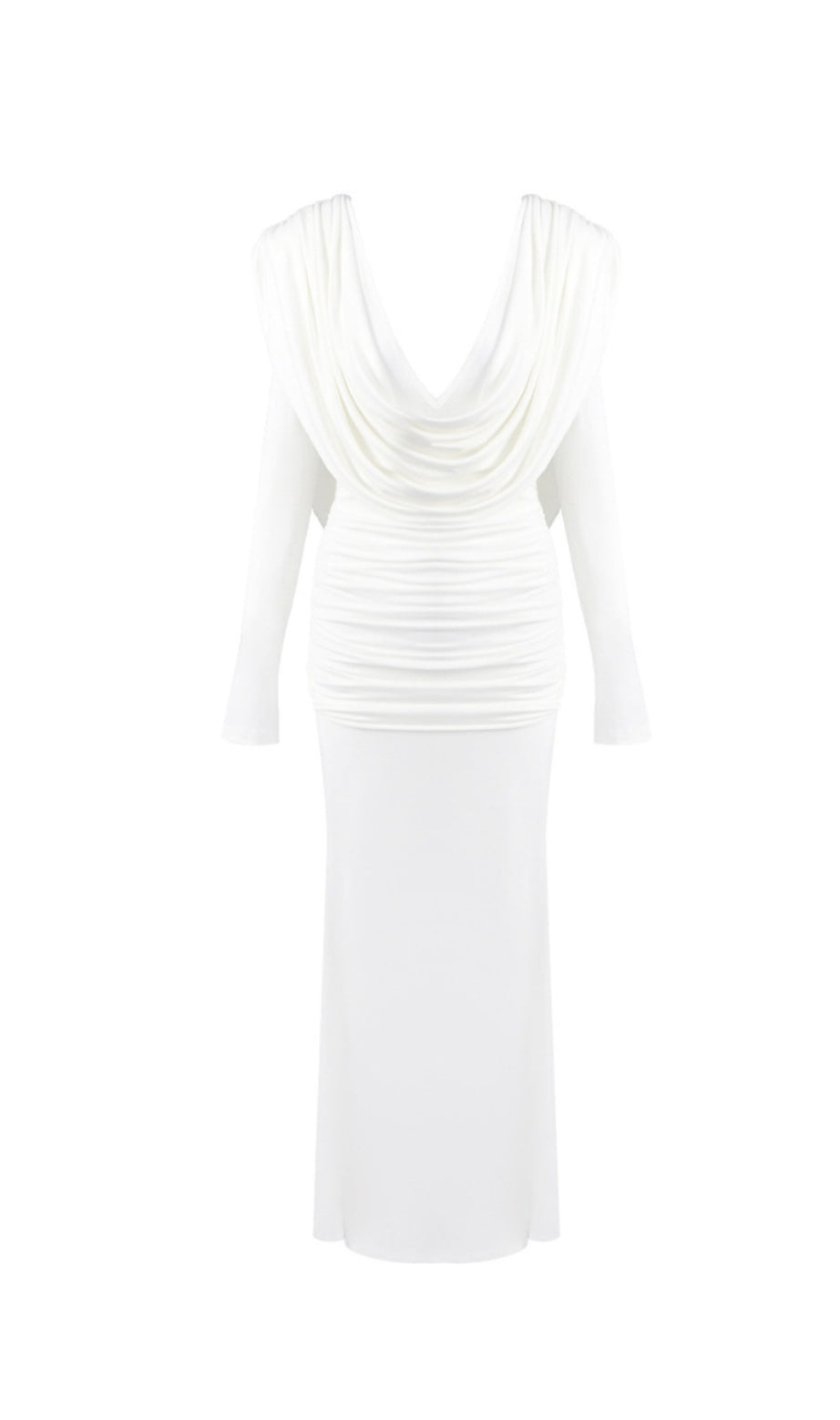 abito lungo bianco con scollo a cappuccio e drappeggio a maniche lunghe
