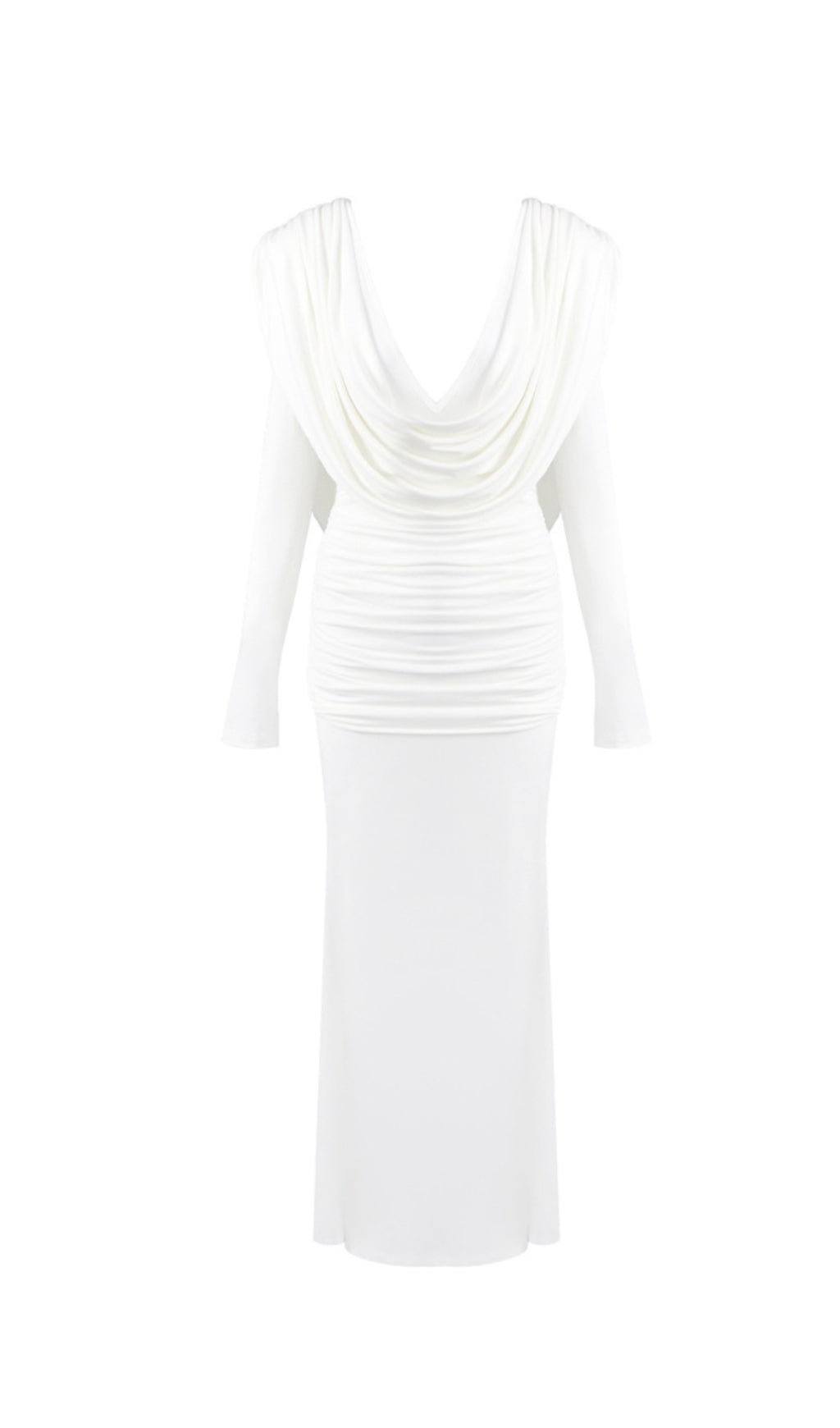 LONG SLEEVE DRAPED COWL NECK MAXI DRESS IN WHITE