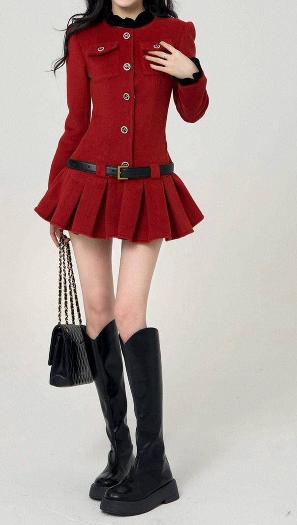 AIIZIE LONG SLEEVES ULTRA SHORT PLEATED DRESS IN BURGUNDY - product image