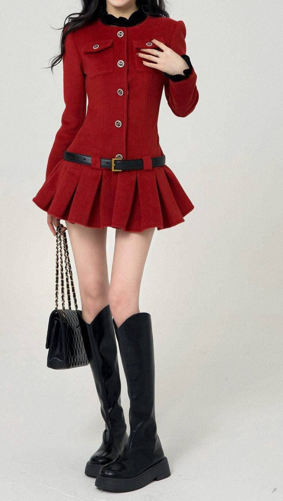 LONG SLEEVES ULTRA SHORT PLEATED DRESS IN BURGUNDY