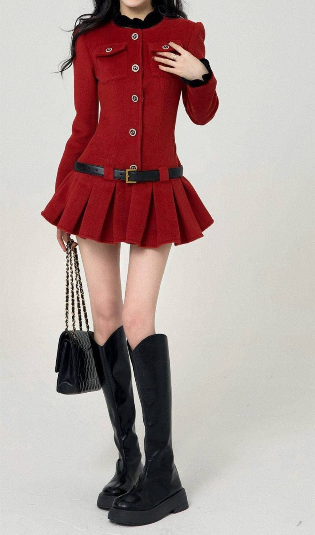 AIIZIE LONG SLEEVES ULTRA SHORT PLEATED DRESS IN BURGUNDY - product image