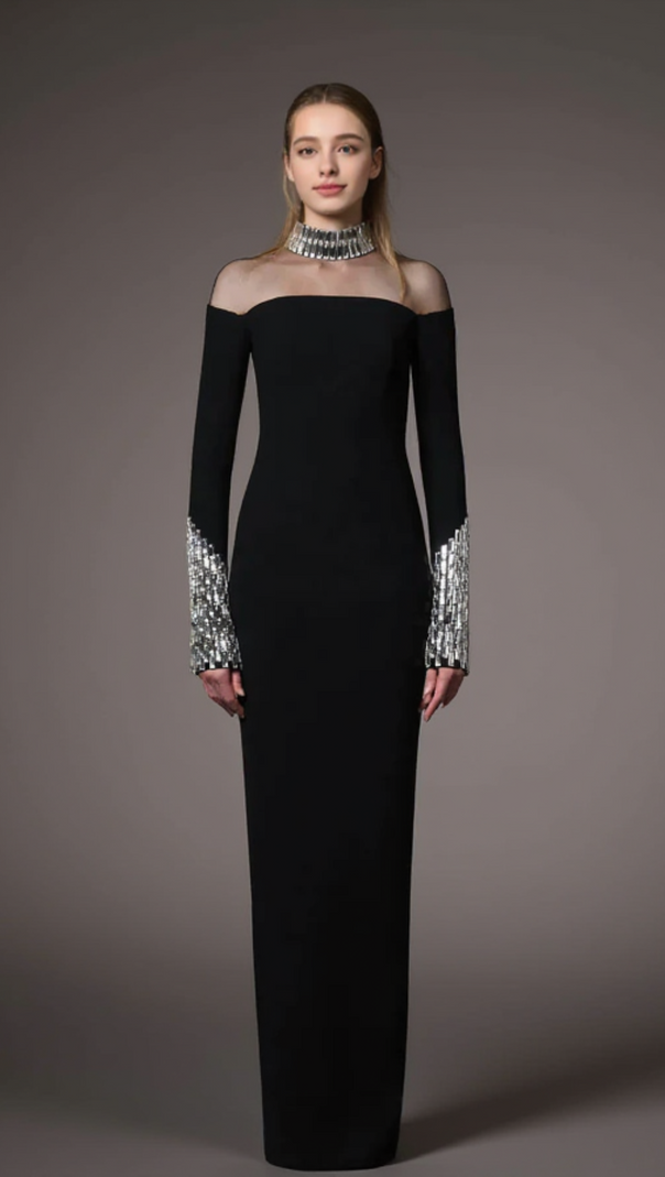 AIIZIE CRYSTAL EMBELLISHMENTS BLACK CRÊPE MAXI DRESS - product image