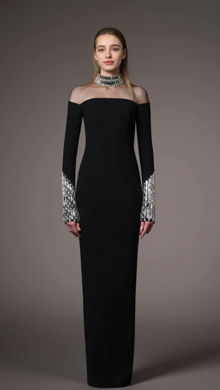 CRYSTAL EMBELLISHMENTS BLACK CRÊPE MAXI DRESS